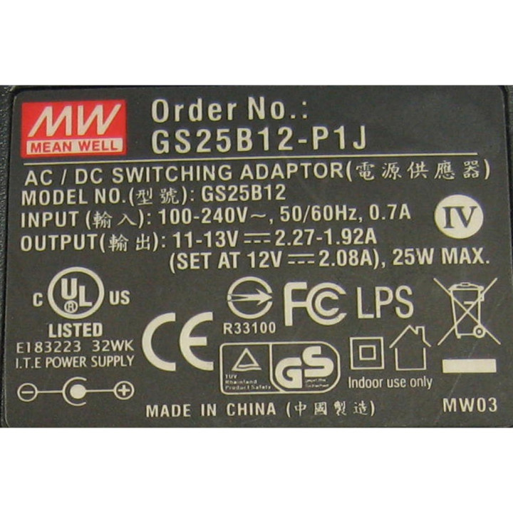 MEAN WELL GS25B12-P1J - Alimentatore 11-13V. - 2.27 1.92A. (SET. AT. 12V. 2.08A.) - 25W. MAX. - Mod. GS25B12 - Nero