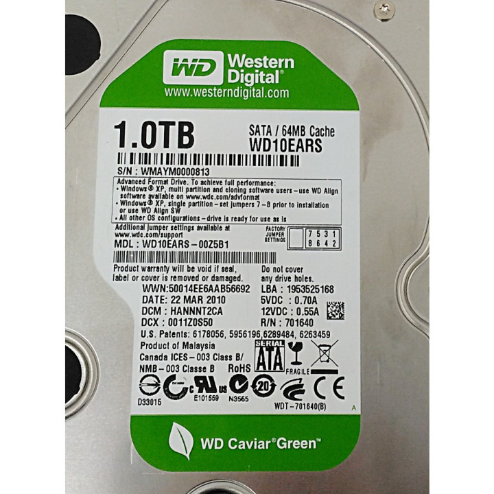 WESTERN DIGITAL WD10EARS - Disco Rigido SATA da 64MB CACHE - Mod. WD10EARS-00Z5B1 1.0TB