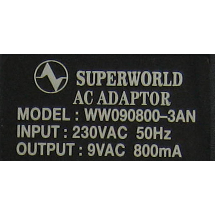 SUPERWOLD - Alimentatore 9V. AC. 800MA. - Mod. WW090800-3AN - Nero