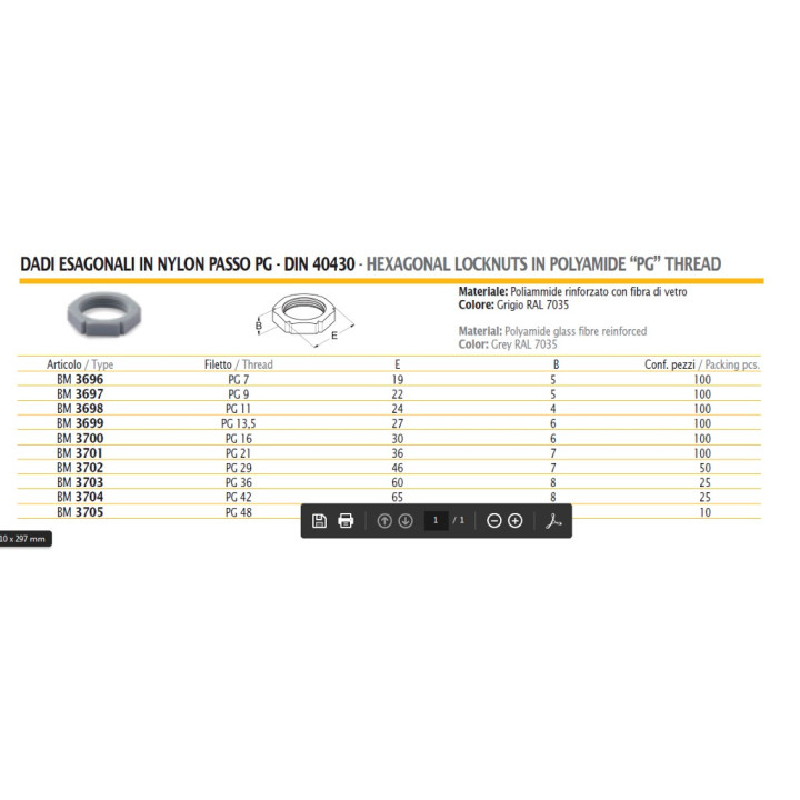 BM 3698 - 30 x Dado Esagonale in Nylon Passo PG11