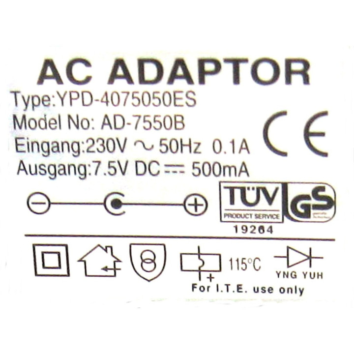 OEM YPD-4075050ES - Alimentatore 7.5V DC 500MA  50HZ - Mod. AD-7550B - Nero