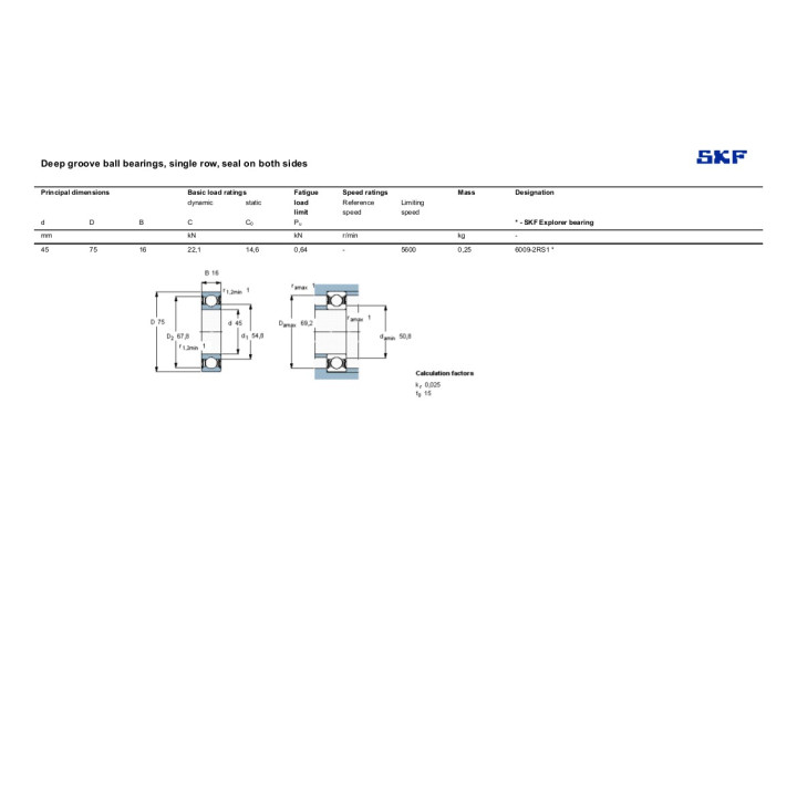 SKF 6009-2RS1 - Cuscinetto a Sfera Scanalato