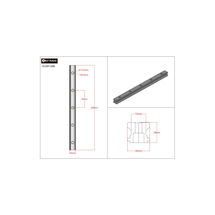CNC 3D - Binario di Corsa per Cuscinetti 20x18mm - L 290mm