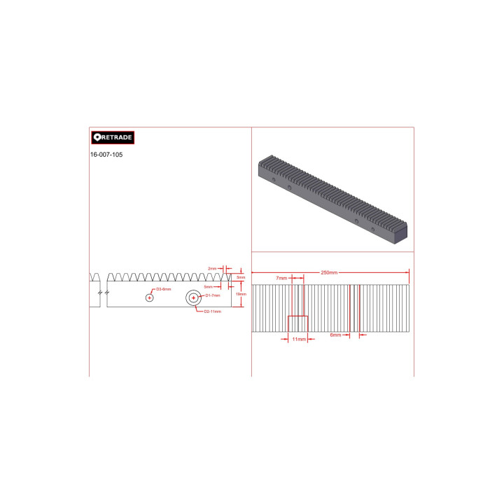 CNC 3D - Cremagliera 24x24mm - L 250mm