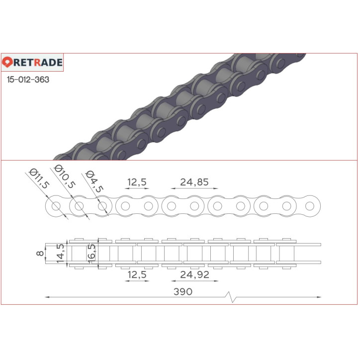 CNC 3D - Catena a Rulli Tipo 08B L 390mm