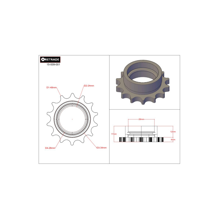CNC 3D - Pignone/Corona/Ingranaggio per Catena - 15 Denti da 2.88mm Passo 9.98mm