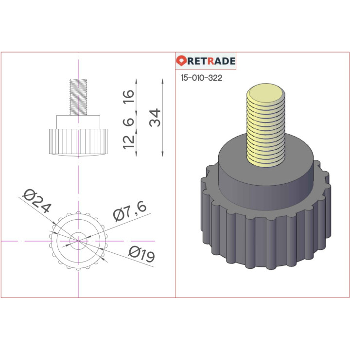 CNC 3D - Pomello Zigrinato Manopola Vite di Serraggio