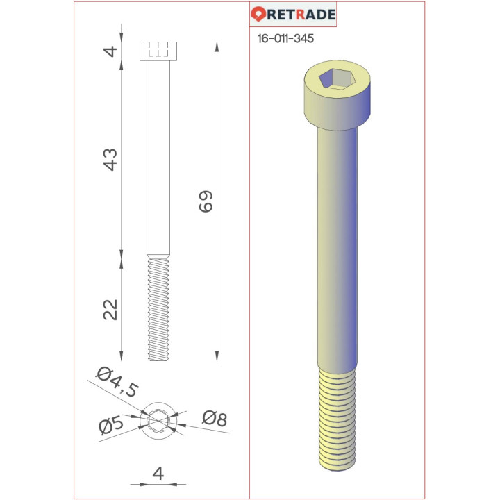 CNC 3D - 5x Viti a Testa Cilindrica con Esagono Incassato L 65mm