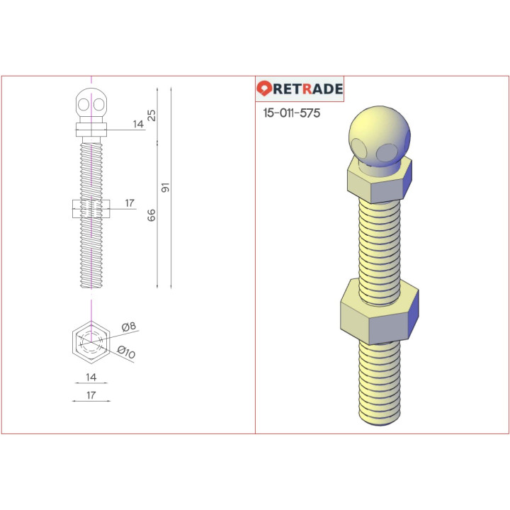 CNC 3D - 2x Viti con Testa Sferica L. 66mm