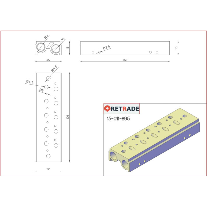 CNC 3D - Distributore Aria con 10+4 Vie in Acciaio 30x100x15mm