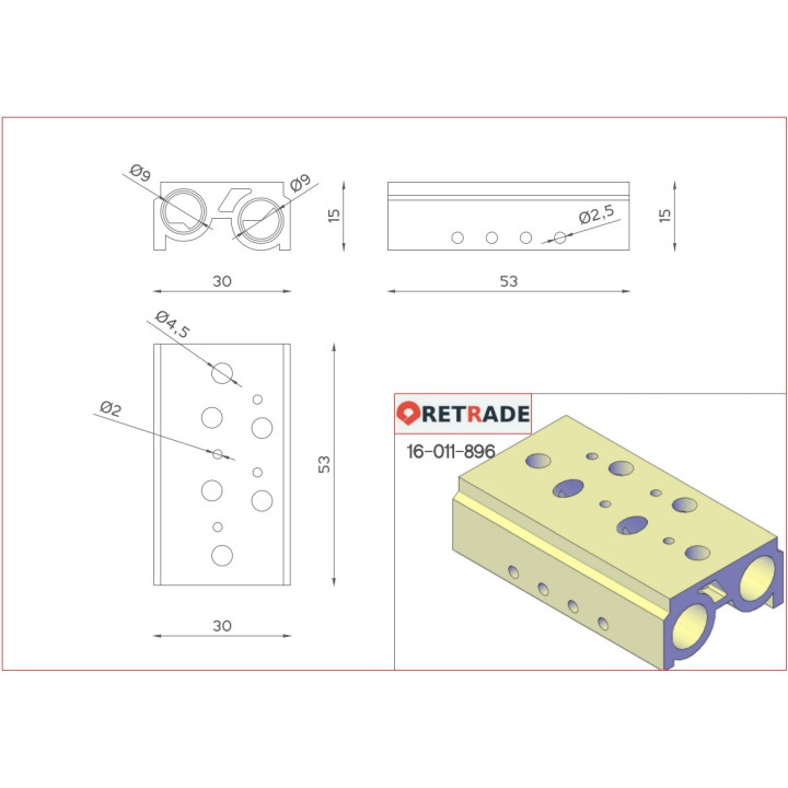 CNC 3D - Distributore Aria con 4+4 Vie in Acciaio 30x53x15mm