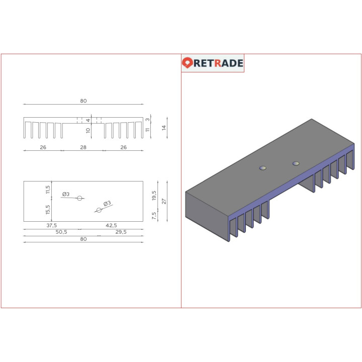 Dissipatore di Raffreddamento in Alluminio NERO 80x27x14mm