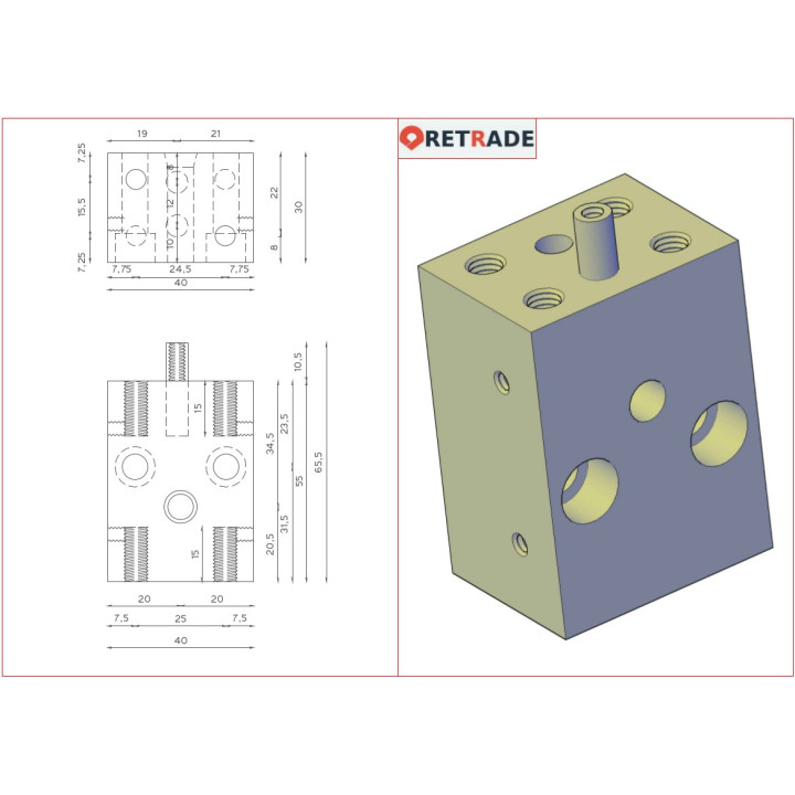 Blocco di Supporto in Acciaio 65.5x40x30mm
