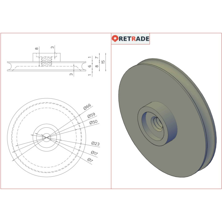 Puleggia in Acciaio Ø.Est 66mm Filettato M8
