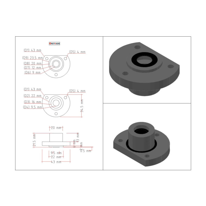 Flangia di Supporto per Albero Ø9mm