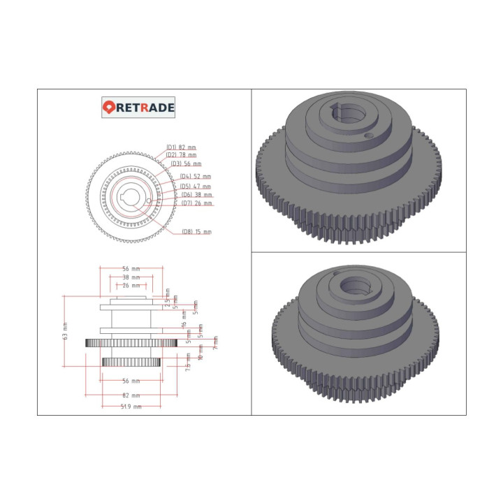 Ingranaggio Doppia con Puleggia , Denti 50-80 Passo2.5mm