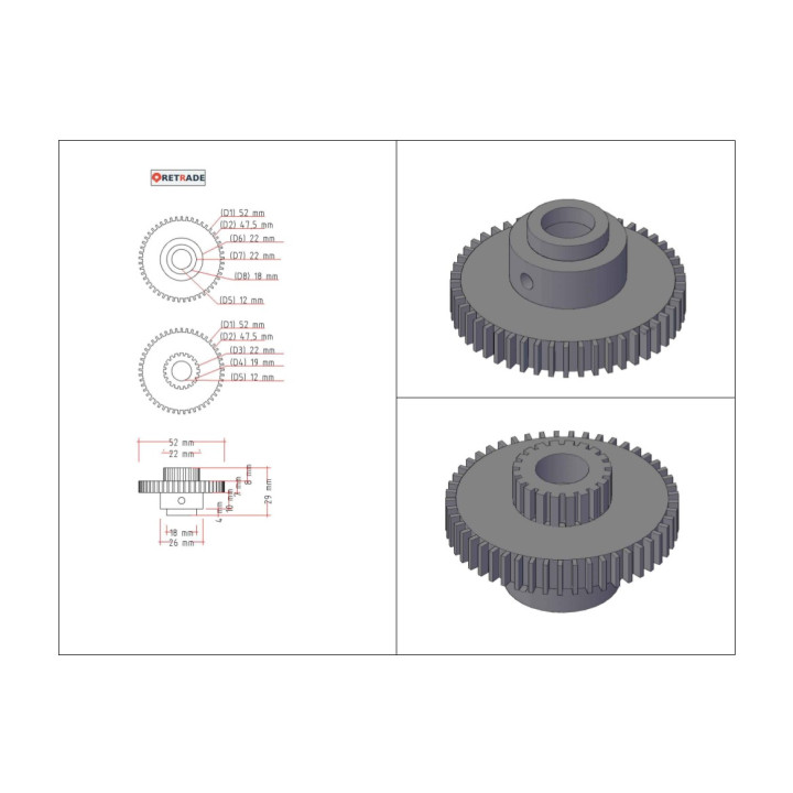 Ingranaggio Doppio in Acciaio , Denti 50-20 Passo2.5mm