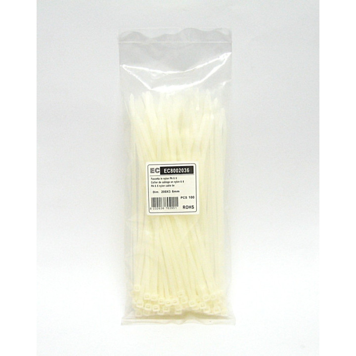 Pack 100 pz Nylon Cable Tie PA 6.6 200x3.6mm