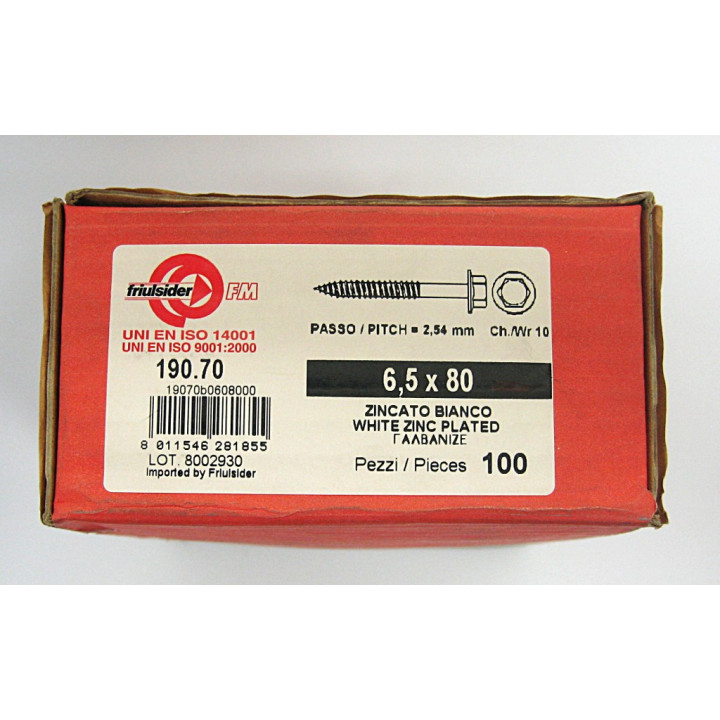 100 pz. Screw Hex Head Ch 10 Pitch 2.54mm M6.5x80mm