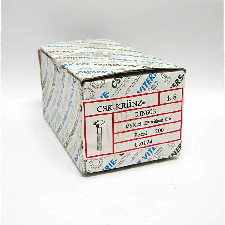 200 pz. Vite/Bullone Collo Quadrato  DIN603 Zincato M6x25mm