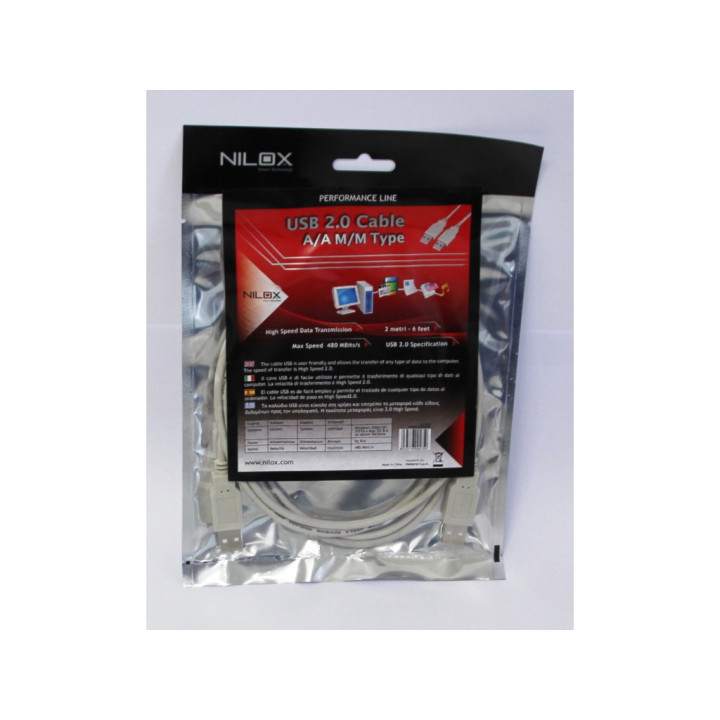 NILOX - Cavo USB 2.0 A/A  M/M per Trasferimento Dati al Computer - Lunghezza Mt. 2 - Bianco