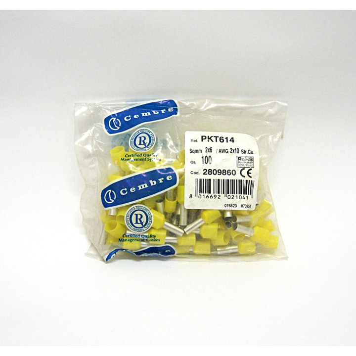 100 pz. Capocorda a Tubetto Preisolato PK per Cavo Doppio 2x6mmq