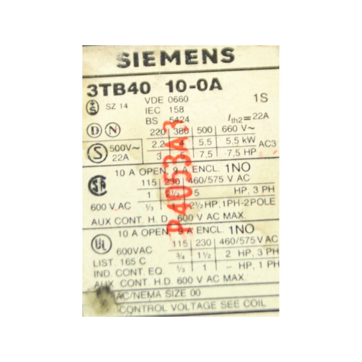 SIEMENS 3TB40 10-0A - Contattore