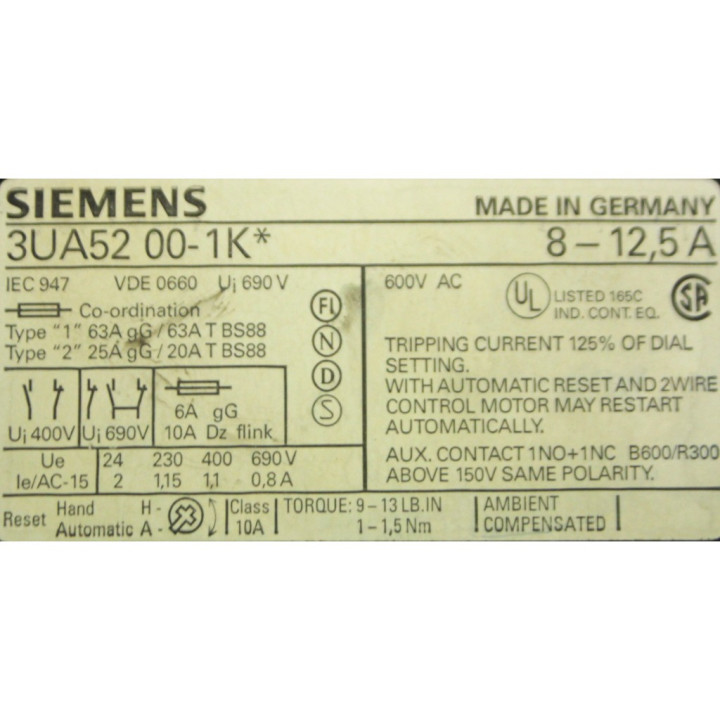 SIEMENS 3UA52 00-1K - Relé di Sovraccarico 8-12.5A