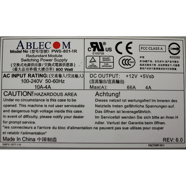 Supermicro PWS-801-R1 -  Alimentatore ridondante per Server 800W 240V