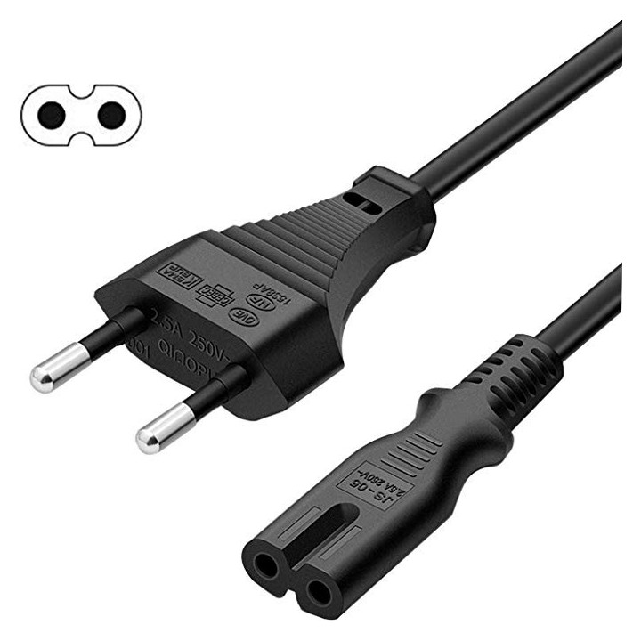 Cavo alimentazione bipolare 2 poli PRESA IEC-320-C7 Maschio - SPINA 2 poli 10A Maschio- 220cm GRIGIO