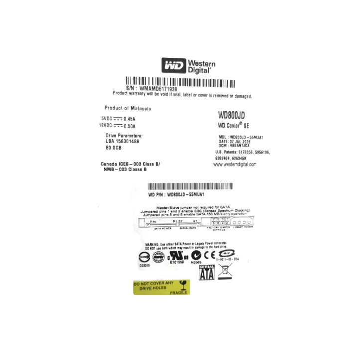 WESTERN DIGITAL - Disco Rigido SATA 3.5 da 80 GB.  S/N WMAMD6171938 - Mod. WD800JD - Nero