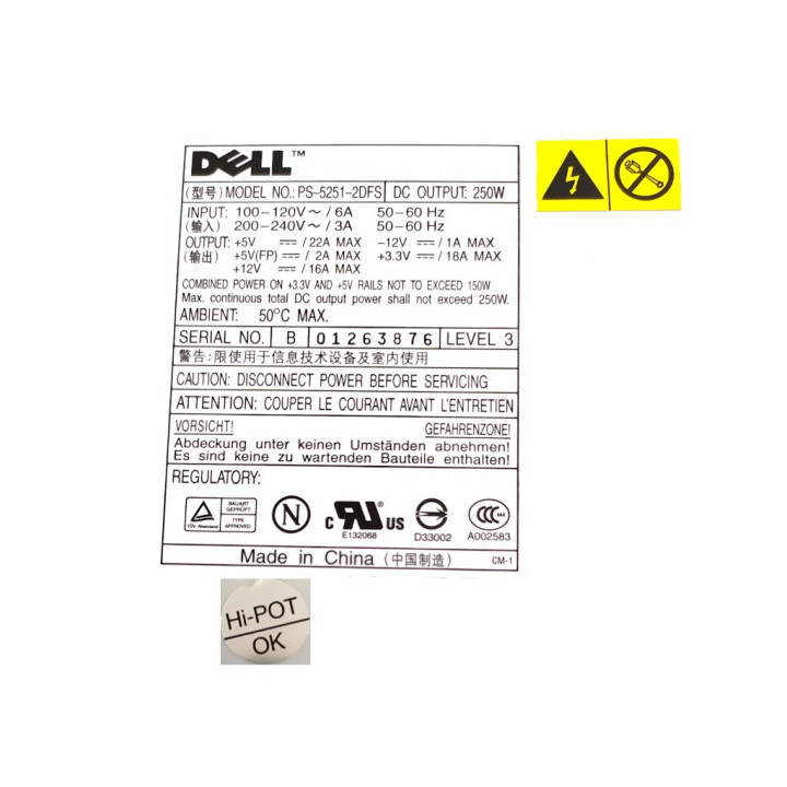 DELL - Alimentatore per PC Fisso Dell Dimension Optiplex PSU - Mod. PS-5251-2DFS - Grigio