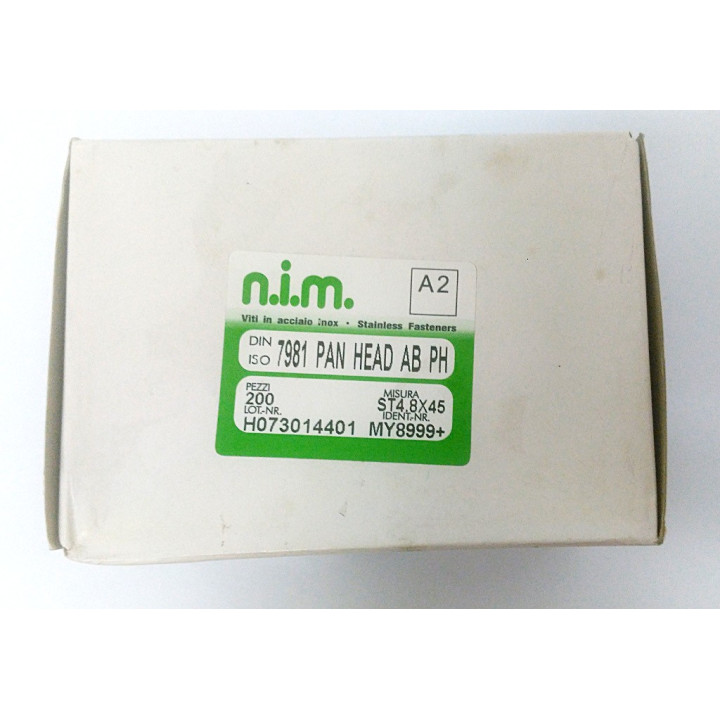 n.i.m. 200 x Vite Filettata Testa Cilindrica Taglio PH in Acciaio Inox DIN 7981 4.8x45