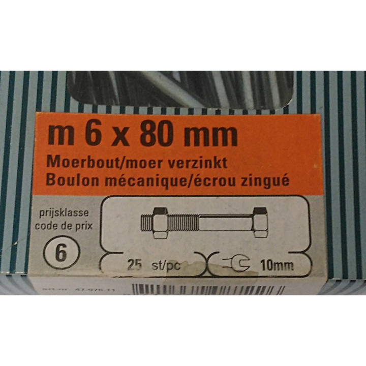 STARX 47.976.11 - 25 x Bullone Testa Esagonale + Dado M6x80mm - Zincato