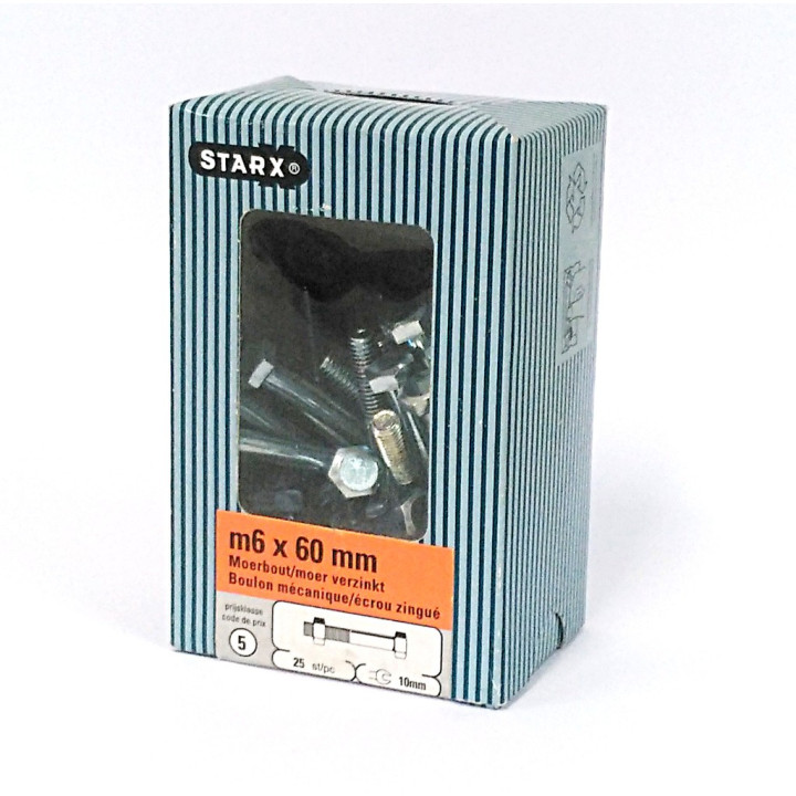 STARX 47.976.10 - 25 x Bullone Testa Esagonale + Dado M6x60mm - Zincato