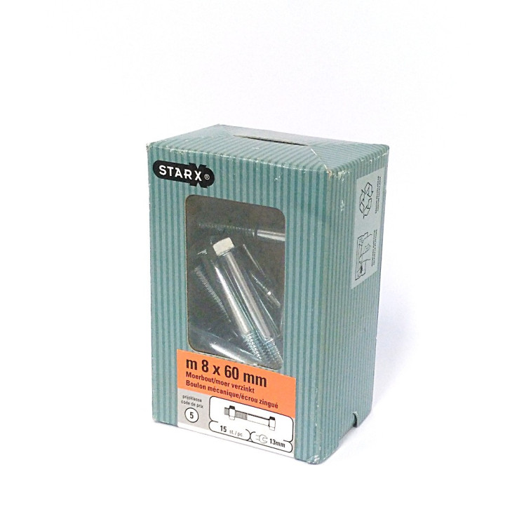 STARX 47.976.12 - 15 x Bullone Testa Esagonale + Dado M8x60mm - Zincato
