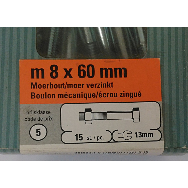 STARX 47.976.12 - 15 x Bullone Testa Esagonale + Dado M8x60mm - Zincato