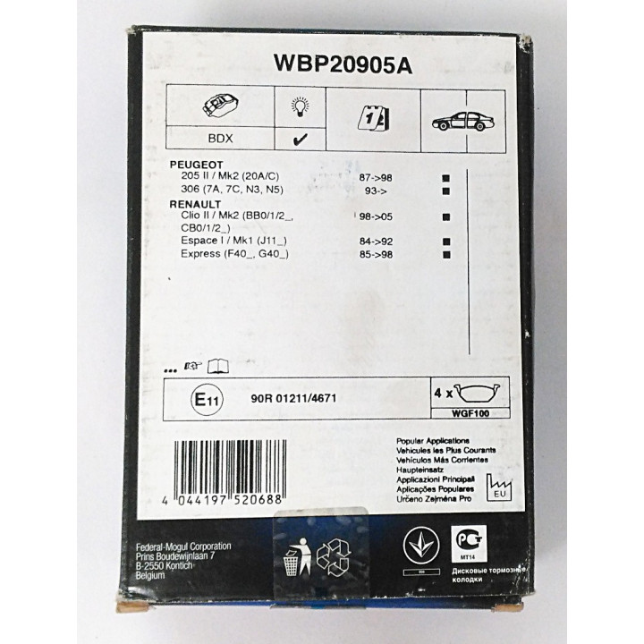 WAGNER WBP20905A - 4 x WGF100 Pastiglie Freno 90R 01211/4671 per Autoveicoli Fino a 3.5 Tonnellate