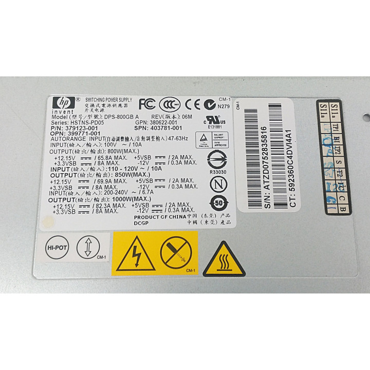 HP 379123-001 - Alimentatore DPS-800GB A 100V 10A 800W
